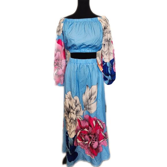 Easel NWT 2-pc Floral Maxi Dress, Light Blue, Pink, Cream, Fits S-M - Picture 1 of 12